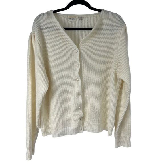 Vintage Ribbed Cream Pearl Button Up Cardigan - Picture 1 of 7